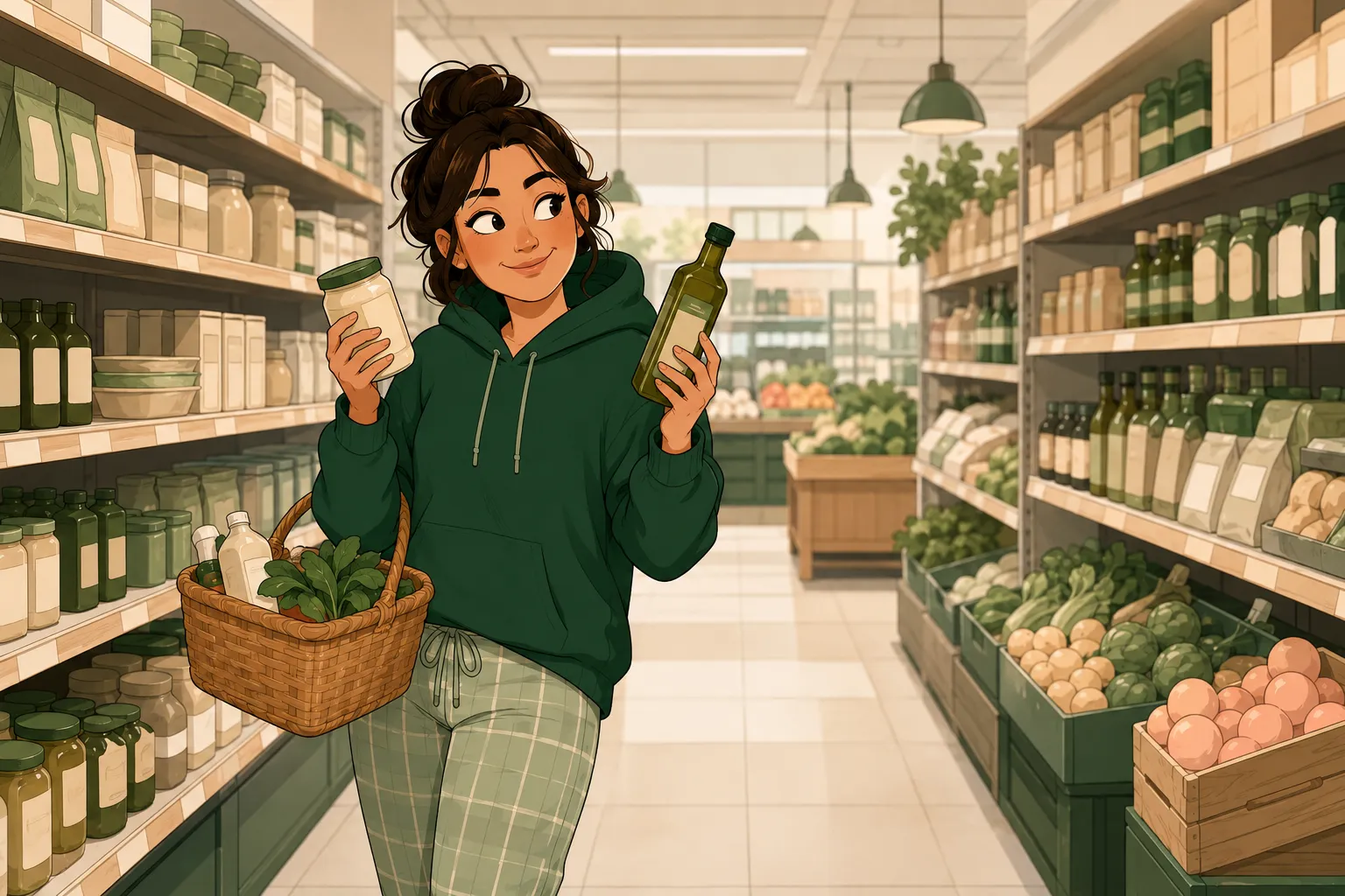 Le personnage compare calmement deux produits, panier au bras, dans une allée lumineuse de supermarché.