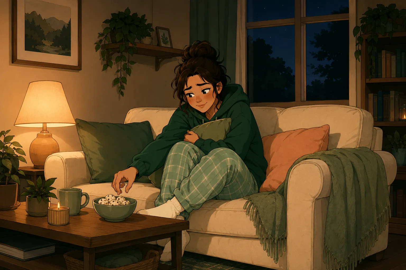 Le personnage, blotti sur un canapé le soir, tend la main vers un en-cas réconfortant sous la lueur douce d'une lampe.