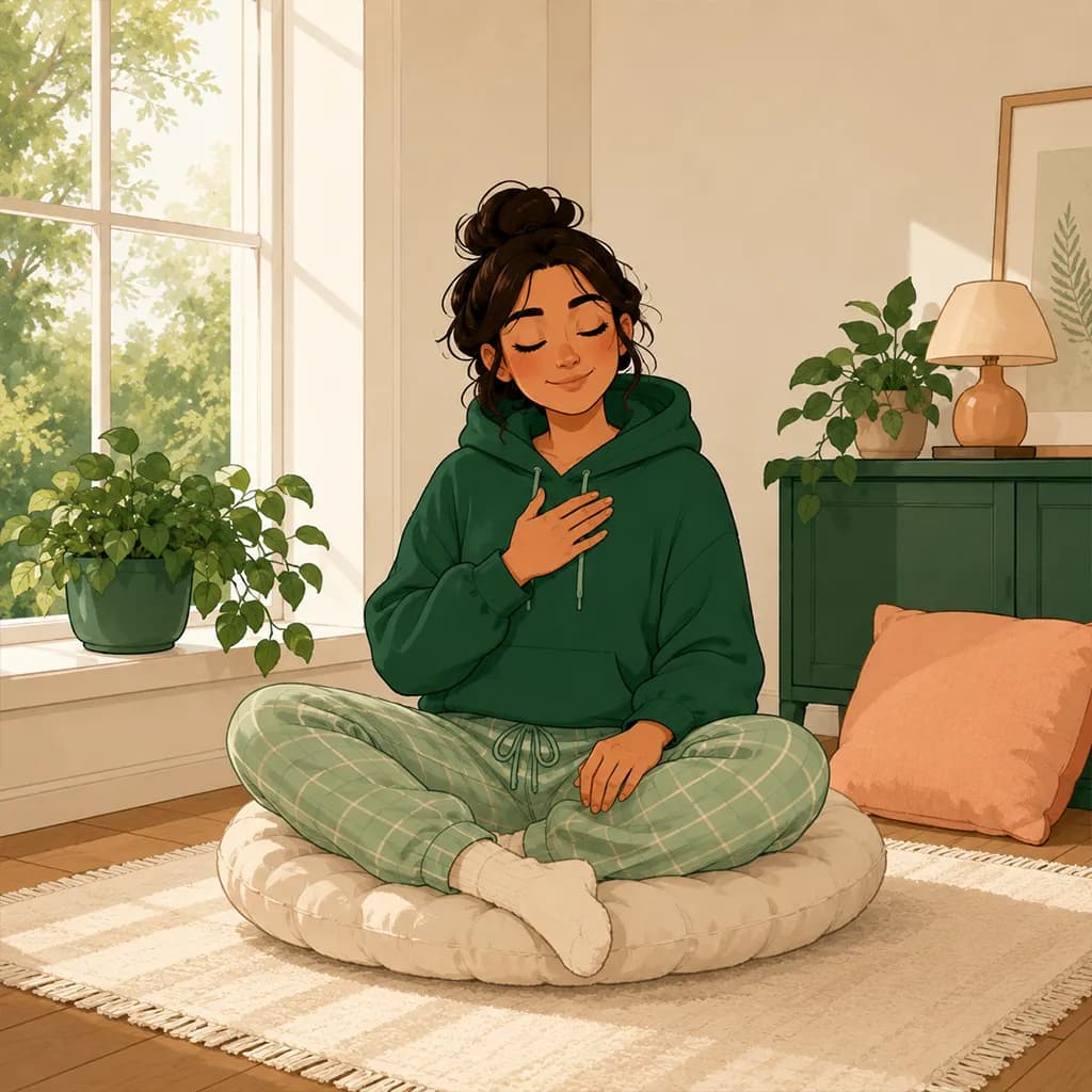 Assis en tailleur près d'une fenêtre et d'une plante, le personnage pose une main sur son cœur, apaisé et bienveillant.