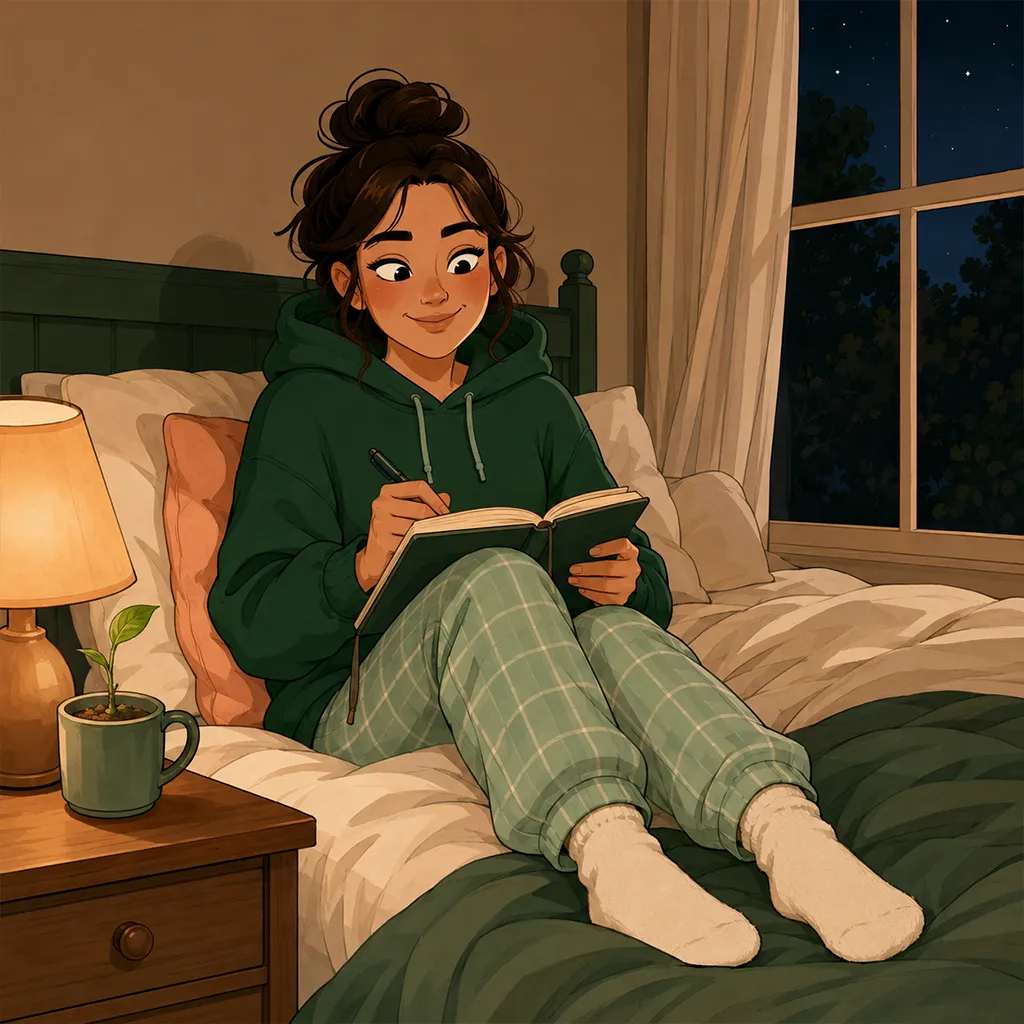 La nuit au lit, le personnage écrit doucement dans un carnet ; sur la table de nuit, un mug et une plante avec une jeune feuille.