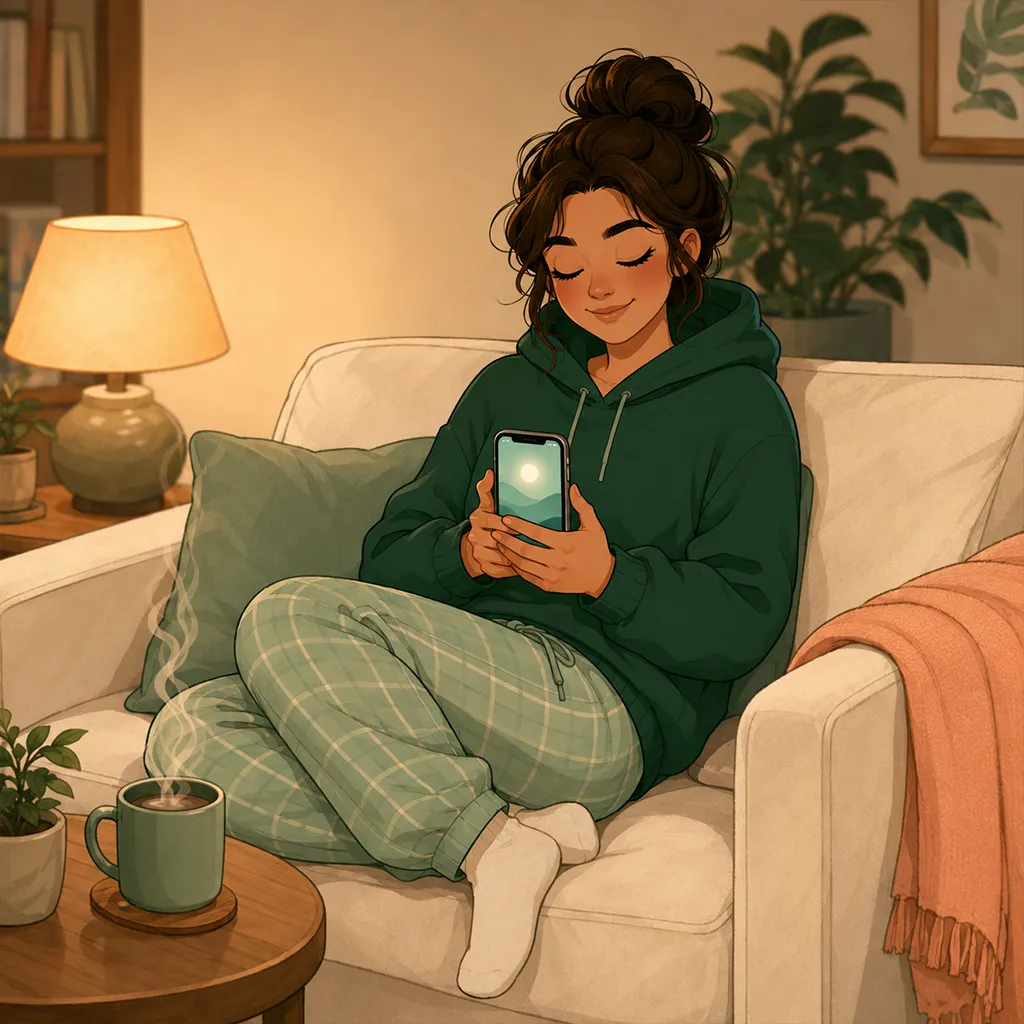 Sur un canapé crème, le personnage respire les yeux doucement fermés avec son téléphone, une tasse fumante à côté.
