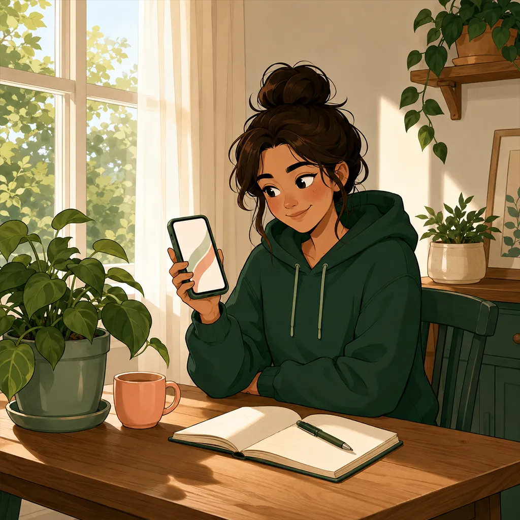 Près d'une fenêtre lumineuse, le personnage sourit à une courbe abstraite sur son téléphone, près d'une plante et d'un carnet.