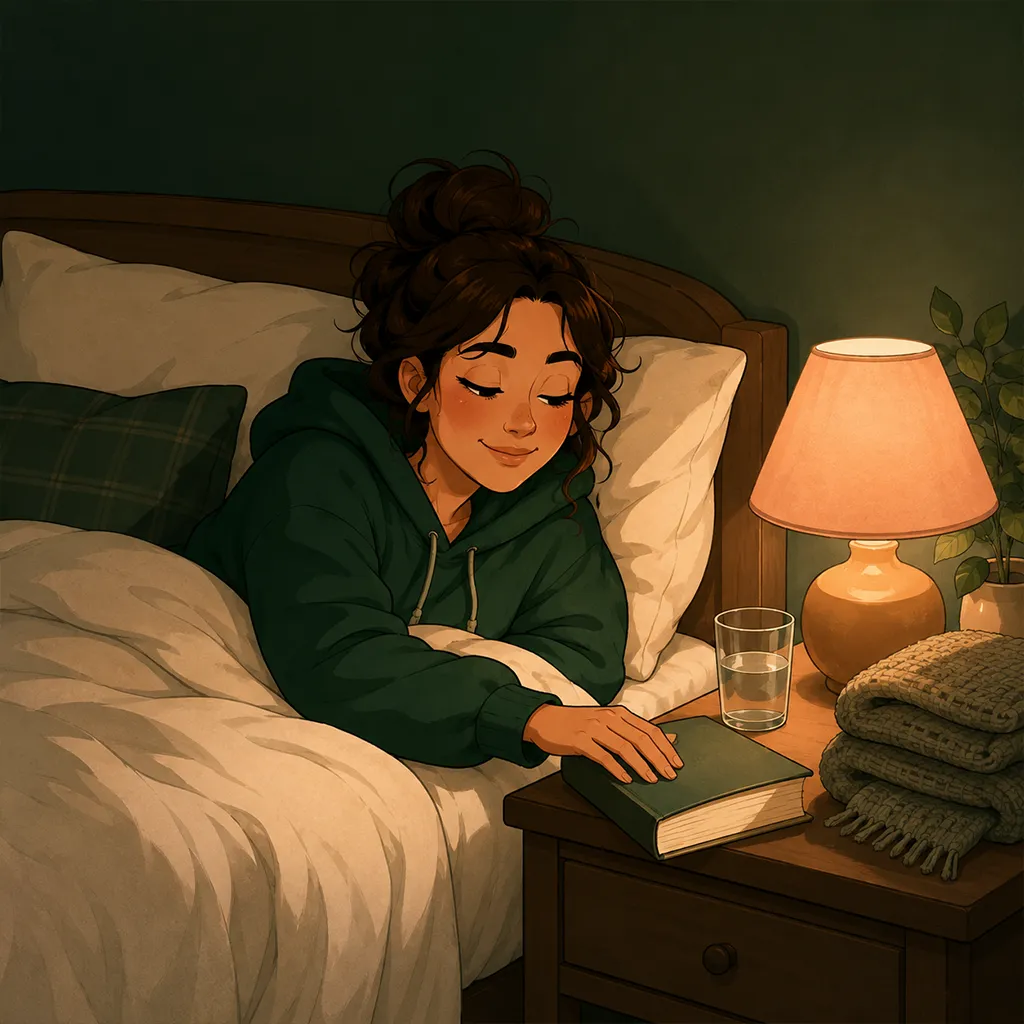 La nuit, sous une couette crème et une lampe ambrée, le personnage repose son livre, somnolent et apaisé.