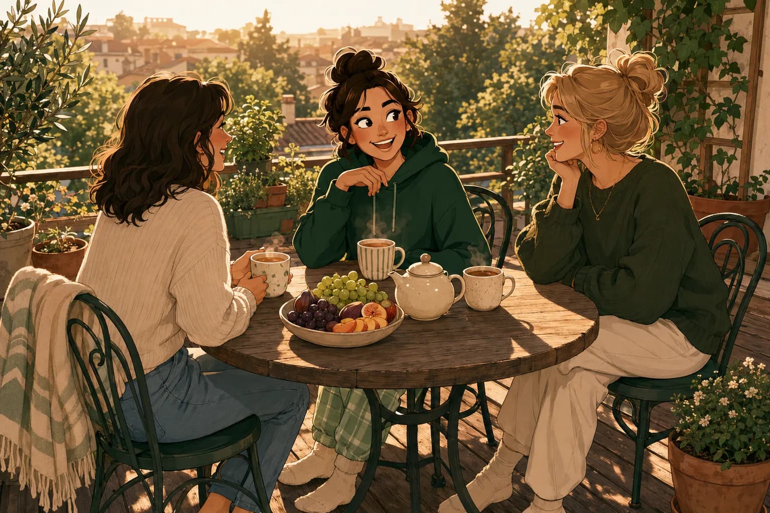 Sur une terrasse dorée en fin d'après-midi, le personnage rit avec deux amis autour d'une théière et d'un bol de fruits.