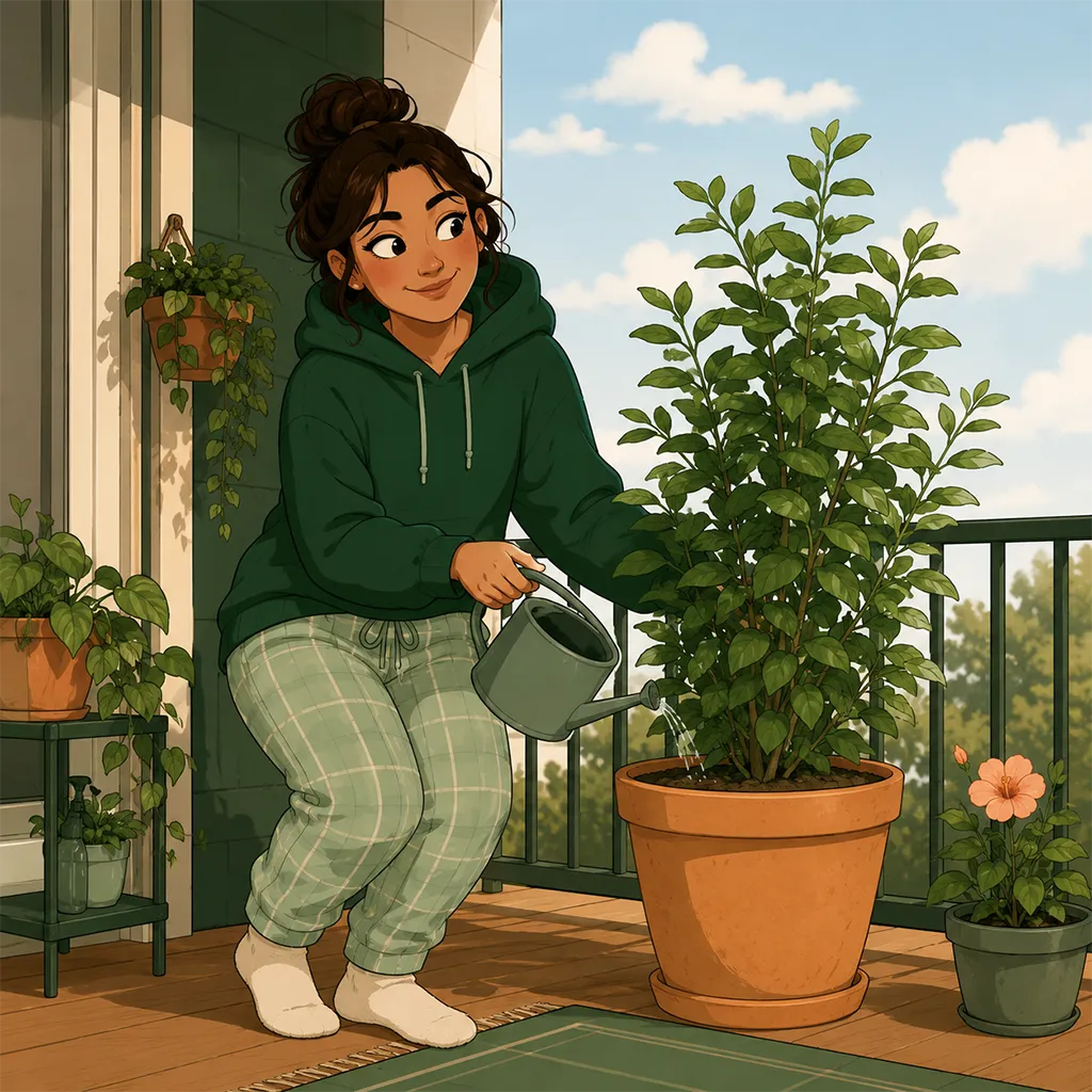 Sur un balcon ensoleillé, le personnage arrose une plante qui a bien poussé, esquissant un demi-sourire paisible.