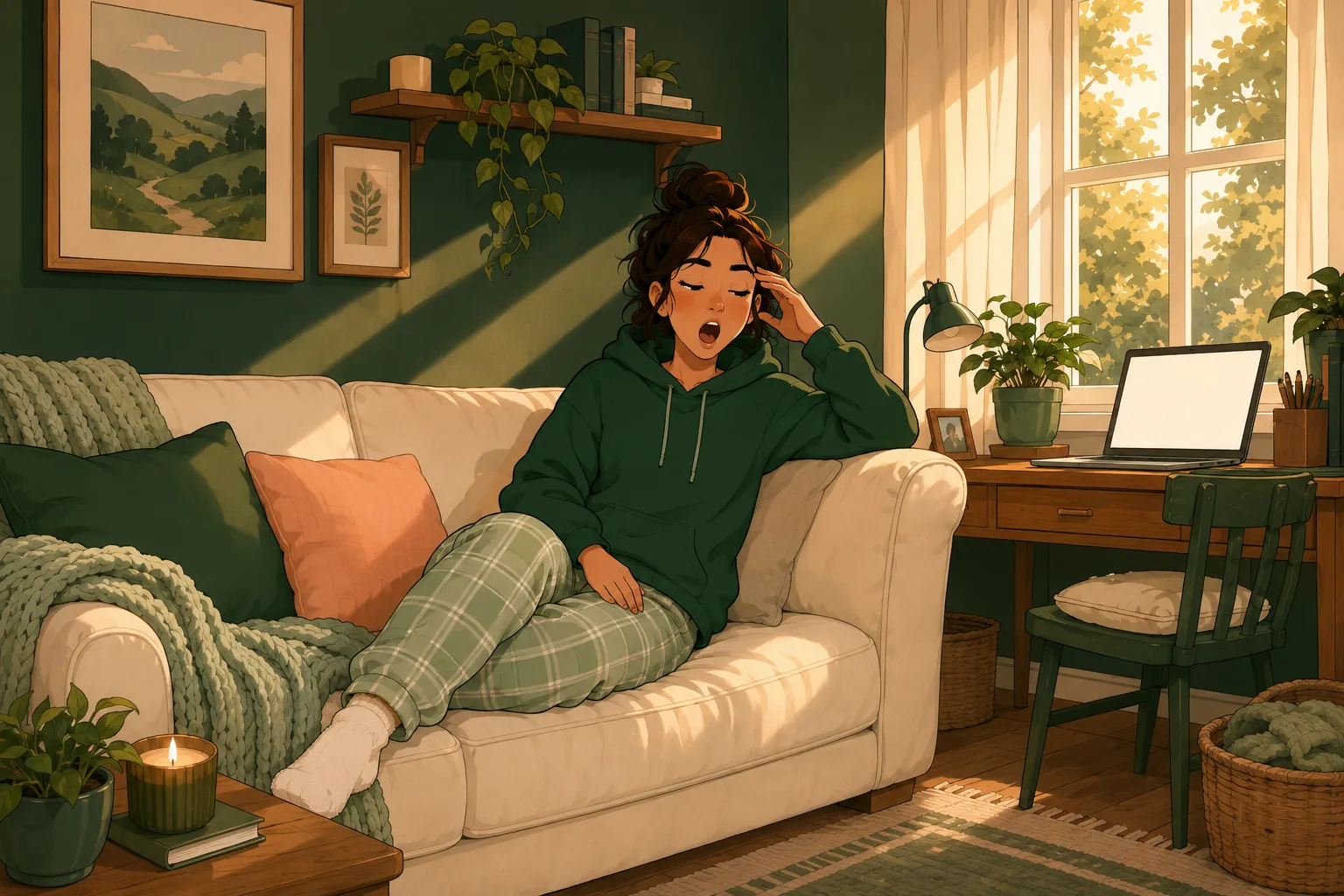 Le personnage marche paisiblement sur un chemin bordé d'arbres au coucher du soleil, expression douce et sereine.