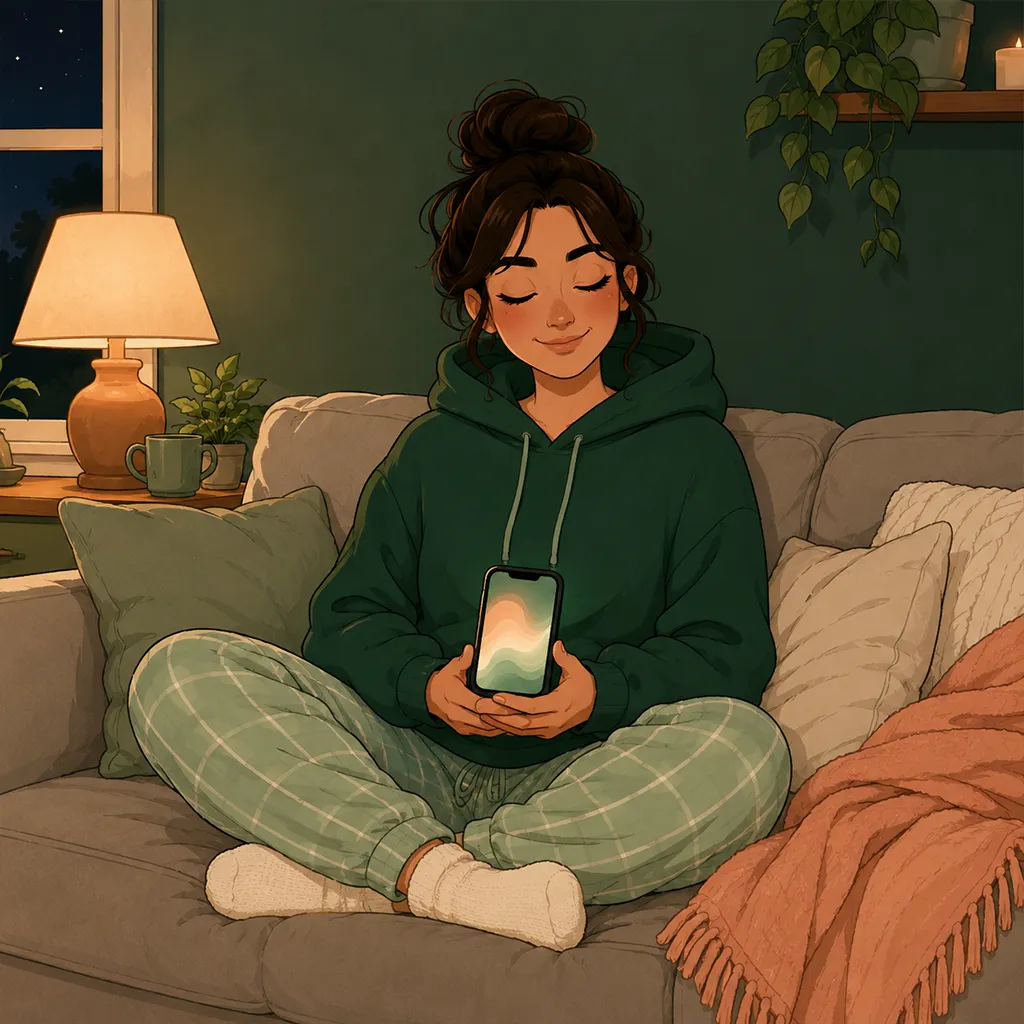 Sur le canapé le soir, le personnage suit une respiration guidée sur son téléphone, yeux clos, apaisé.