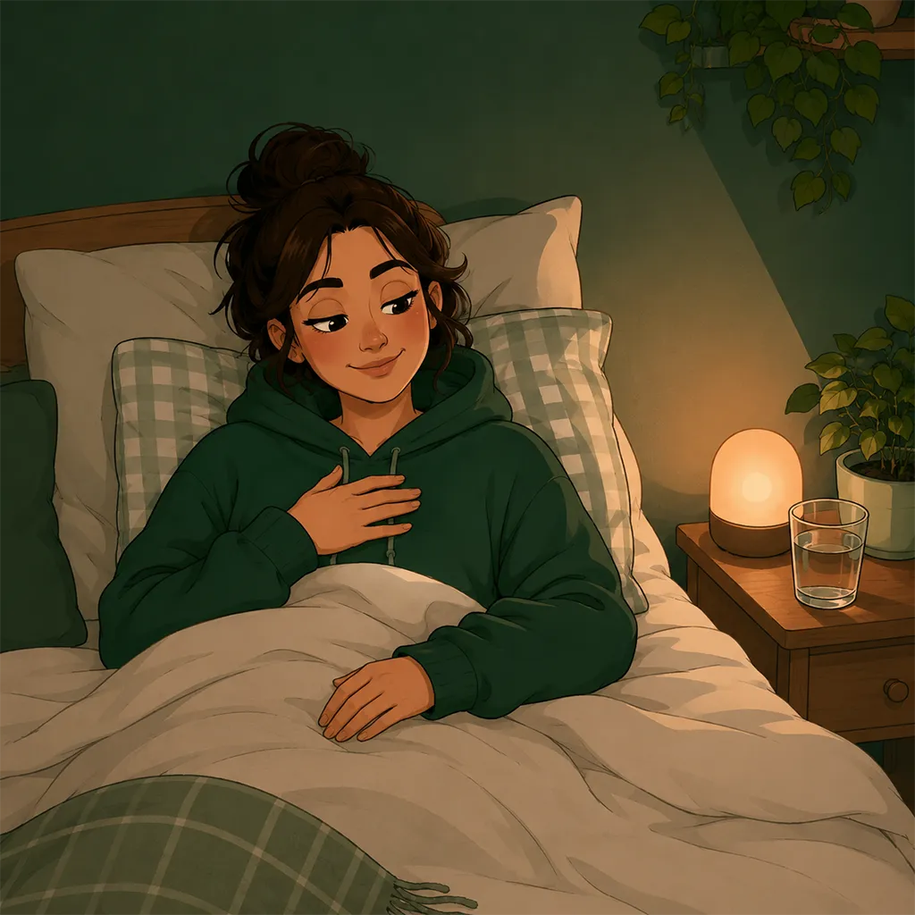 Le personnage, allongé sous une couette crème, traverse une envie avec douceur, veilleuse pêche sur la table de nuit.