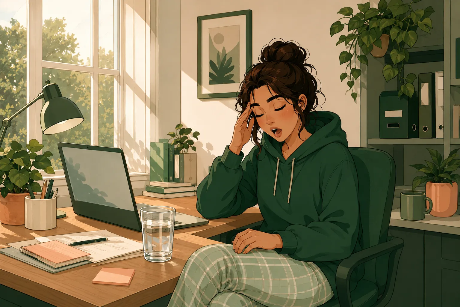Une jeune femme en télétravail, fatiguée, se masse doucement la tempe près d'une fenêtre lumineuse, un verre d'eau sur le bureau.