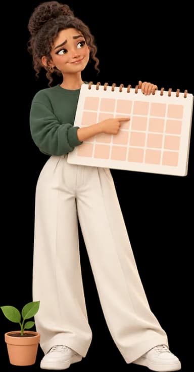 Une jeune femme tient un grand calendrier et pointe un jour, avec un sourire un peu gêné.