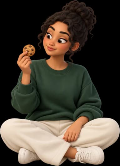 Assise en tailleur, une jeune femme regarde en coin le cookie qu’elle tient, tentée.
