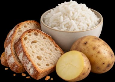 Tranches de pain, bol de riz et pommes de terre, trois aliments riches en amidon
