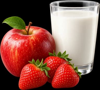 Une pomme rouge, trois fraises et un verre de lait