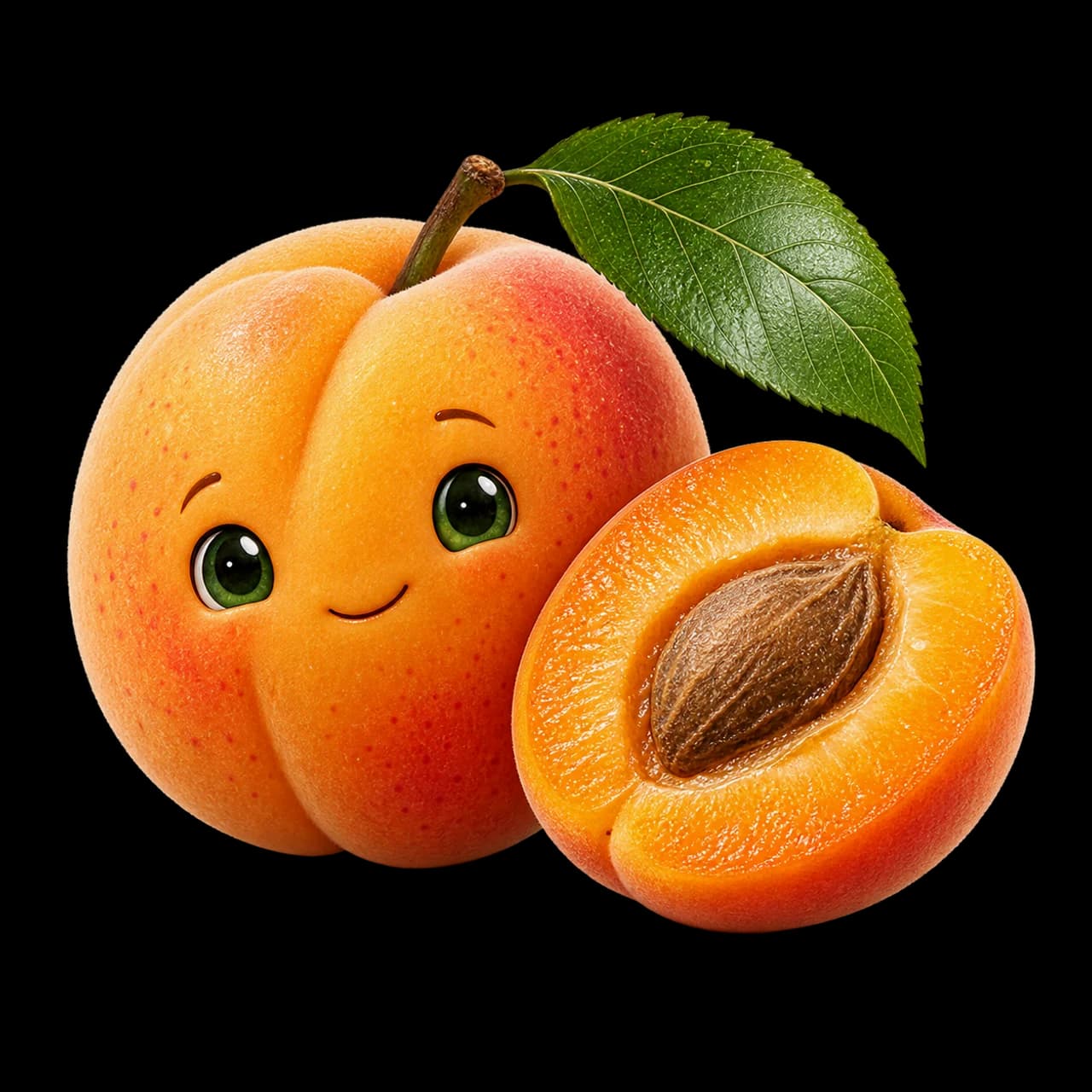 Illustration d’un abricot orange souriant avec une feuille et une moitié montrant son noyau.