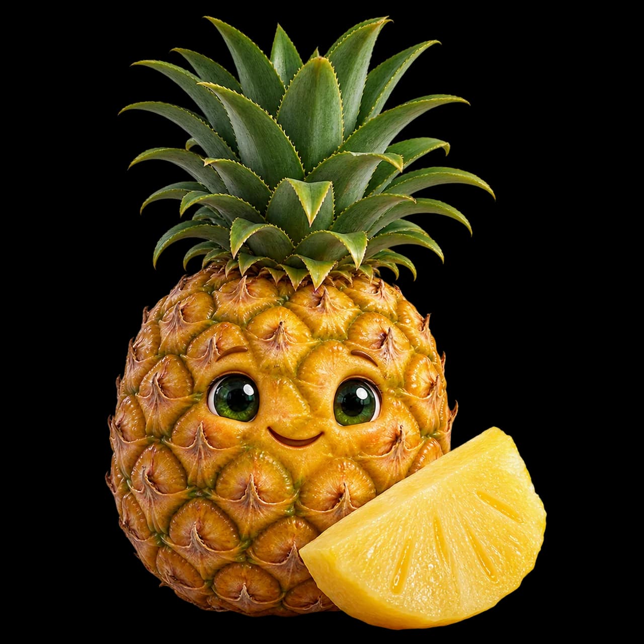 Illustration d’un ananas doré souriant à couronne verte et d’un morceau de chair jaune sans peau.