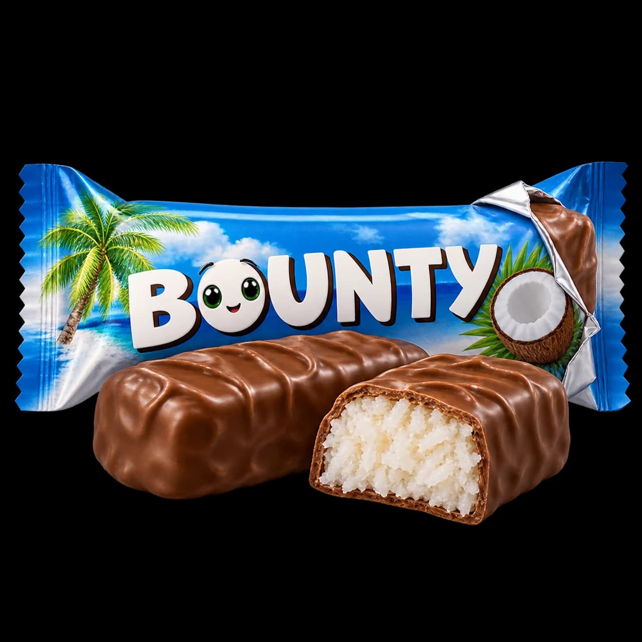 Illustration d’un emballage Bounty bleu souriant avec deux chocolats dont un ouvert sur un cœur de noix de coco.