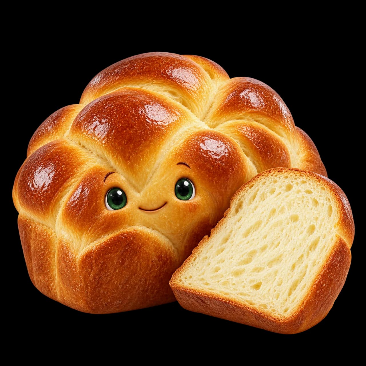 Illustration d’une brioche tressée dorée souriante avec une tranche de mie claire.