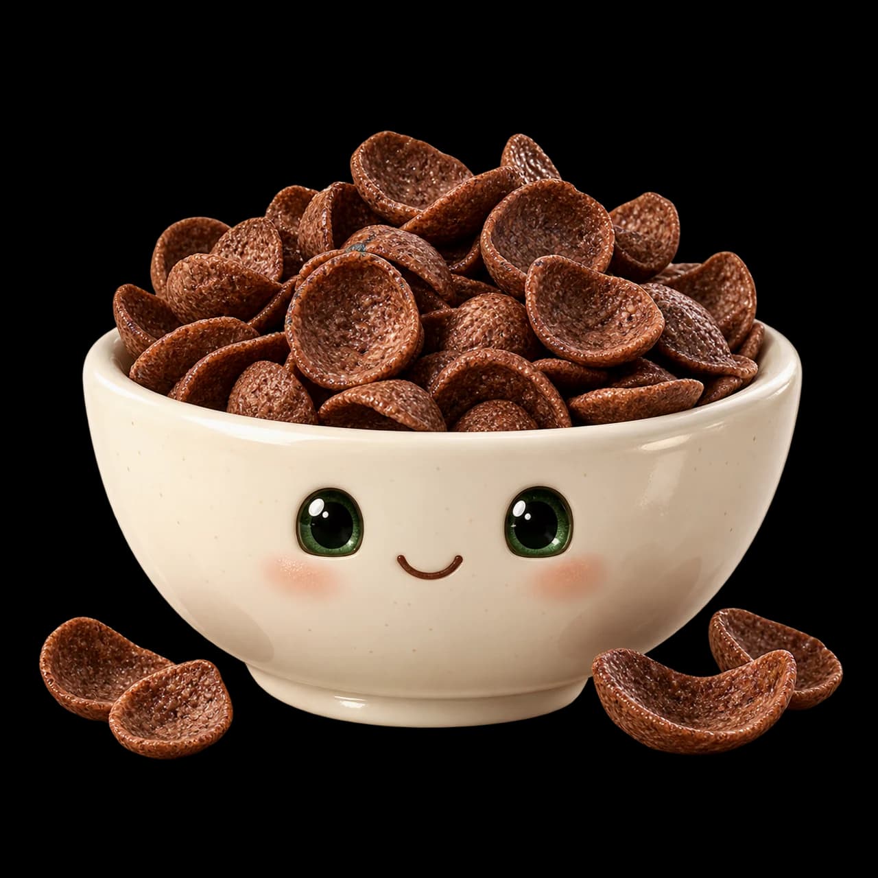 Illustration d’un bol de céréales chocolatées souriant, sans lait et sans marque.