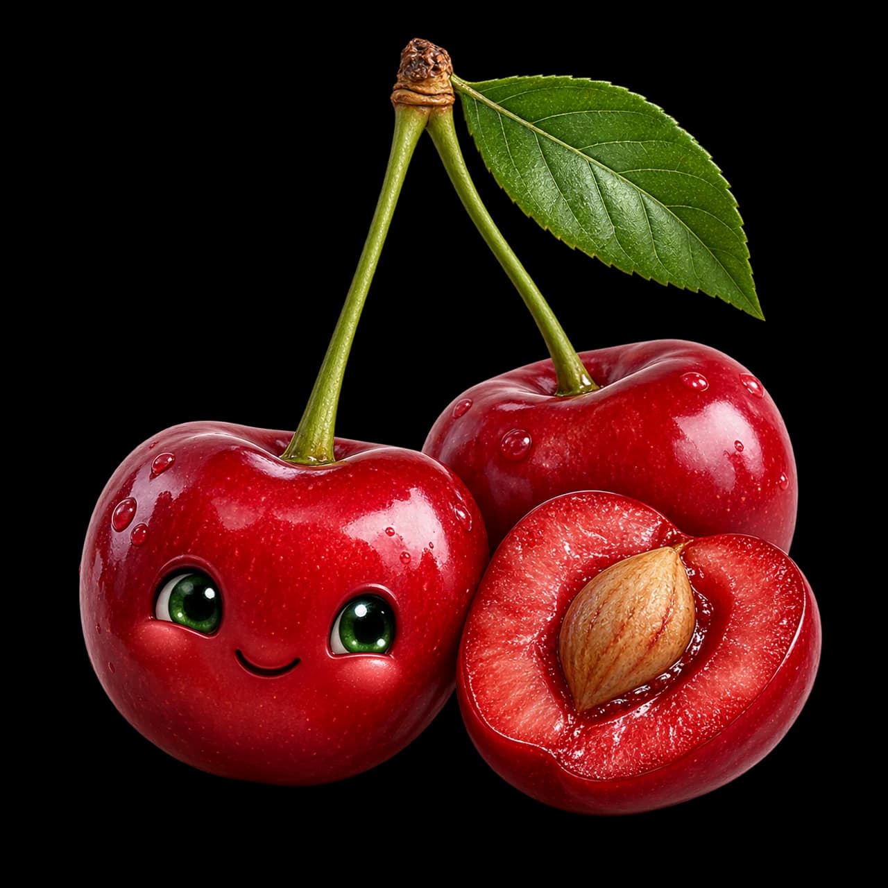 Illustration de cerises rouges souriantes avec leurs queues et une moitié montrant son noyau.