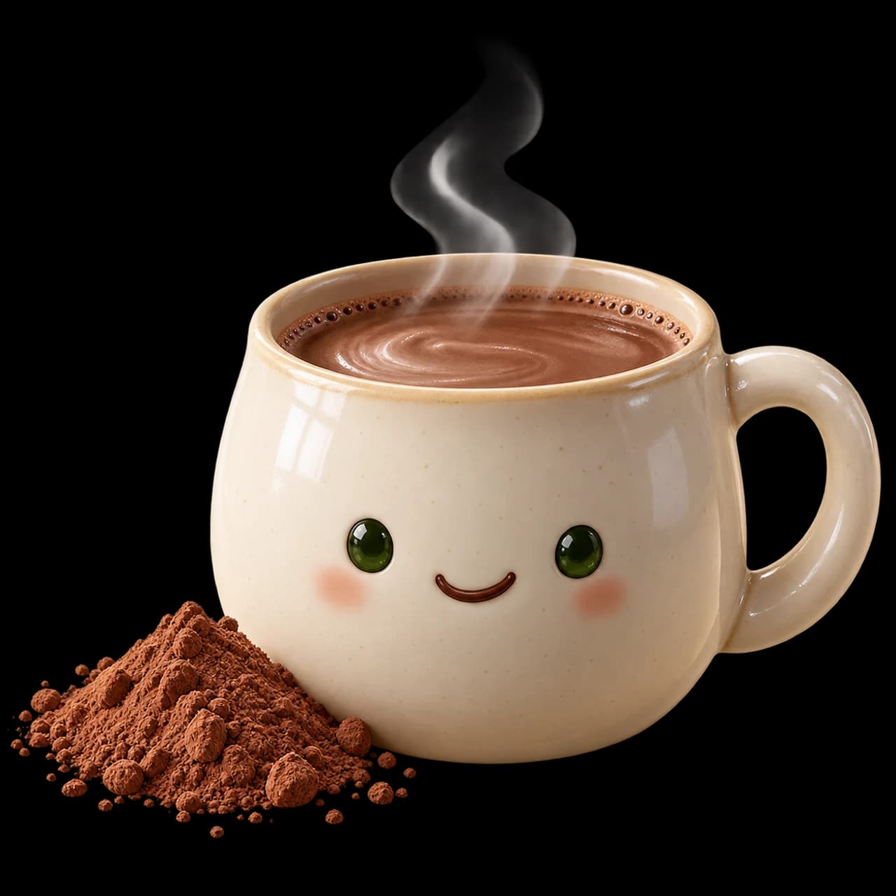 Illustration d’une tasse souriante de chocolat chaud avec un peu de vapeur et du cacao à côté.