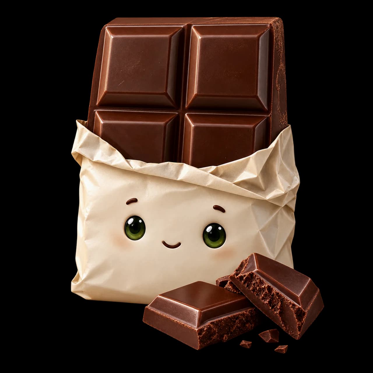 Illustration d’une tablette de chocolat noir souriante dans du papier crème avec deux carrés cassés.