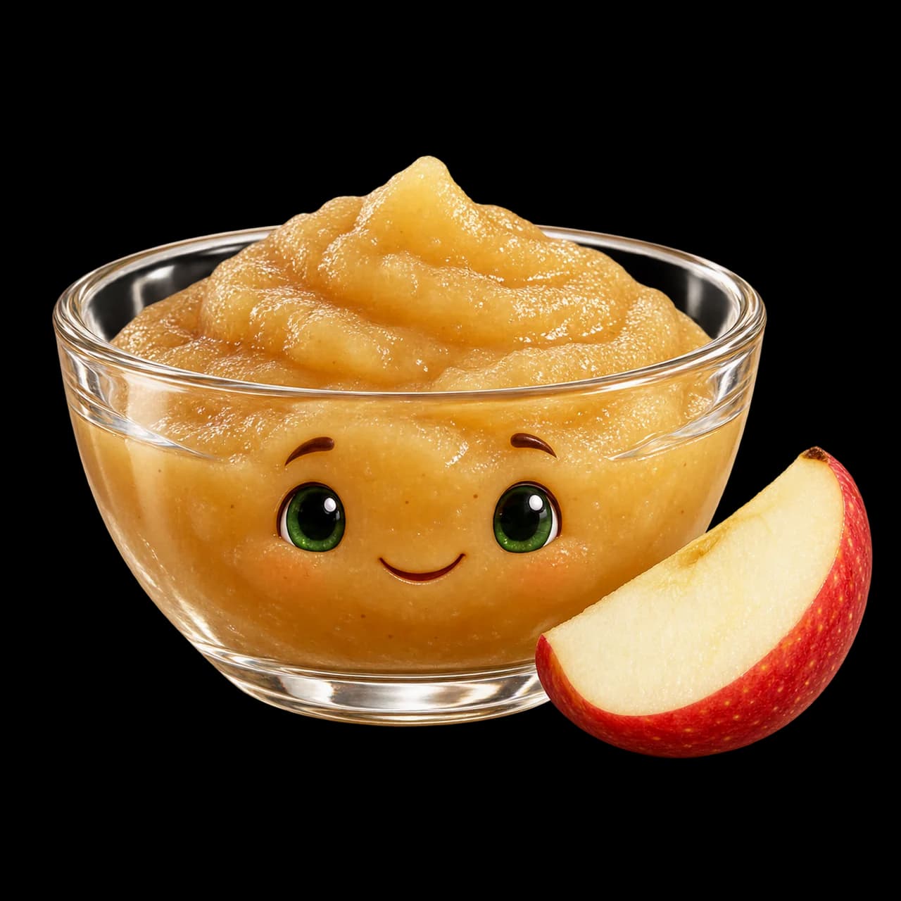 Illustration d’un bol transparent de compote de pomme souriant, avec un quartier de pomme rouge.