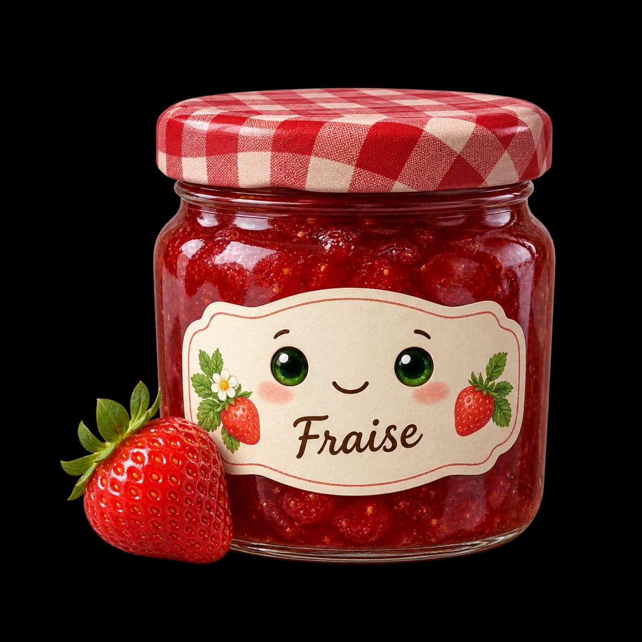 Illustration d’un pot de confiture de fraise souriant avec un couvercle à carreaux rouges et une fraise.