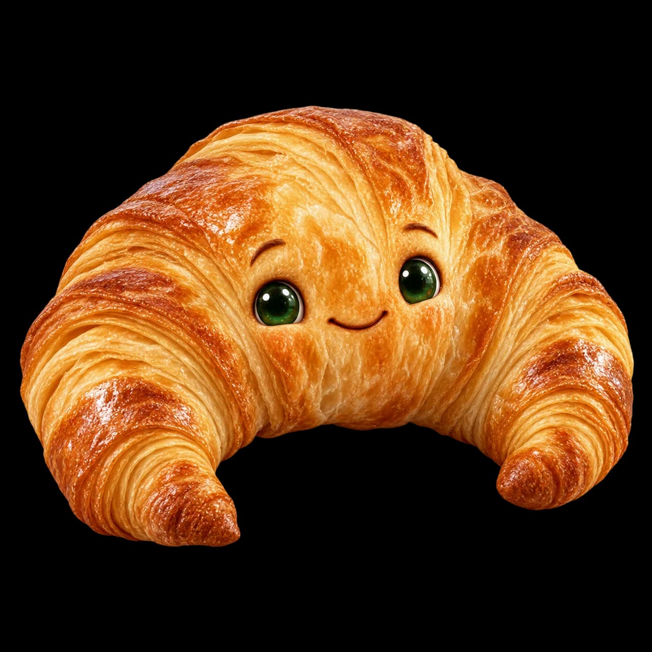 Illustration d’un croissant doré et feuilleté avec un petit visage souriant.
