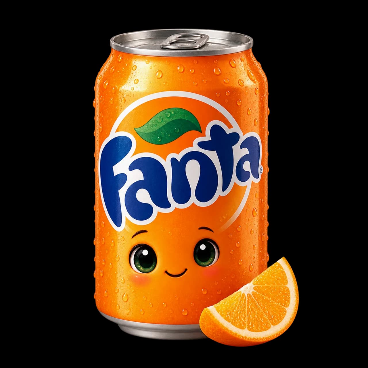 Illustration d’une canette de Fanta souriante accompagnée d’un quartier d’orange.