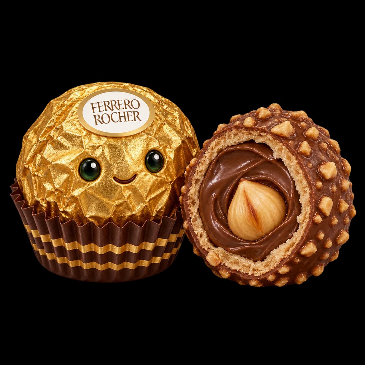 Illustration d’un Ferrero Rocher souriant en papier doré et d’une bouchée ouverte montrant sa noisette.