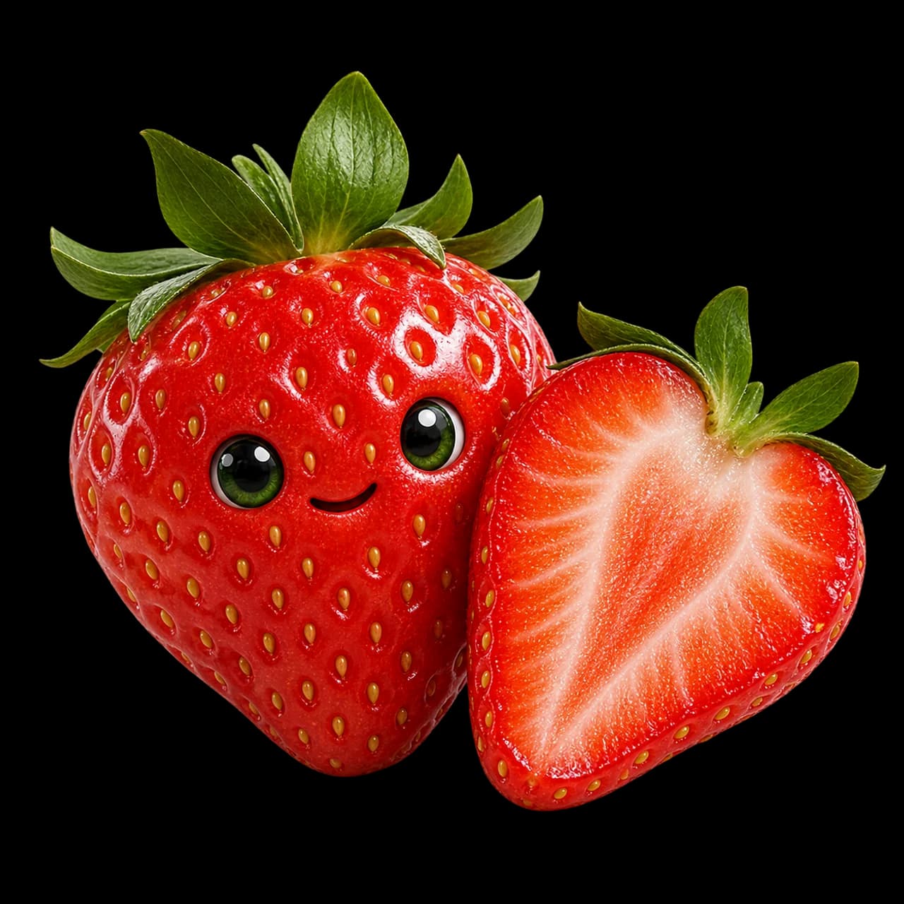 Illustration d’une fraise rouge souriante et d’une demi-fraise, avec leurs feuilles vertes.