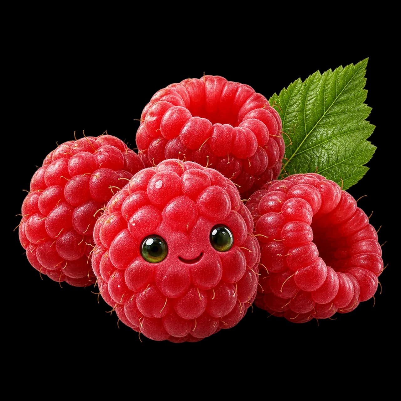 Illustration d’un petit groupe de framboises rouges dont une souriante, avec une feuille verte.
