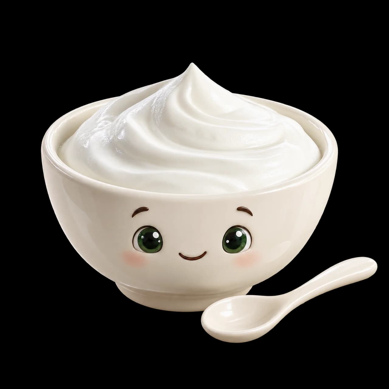 Illustration d’un bol souriant de fromage blanc nature onctueux et d’une petite cuillère.