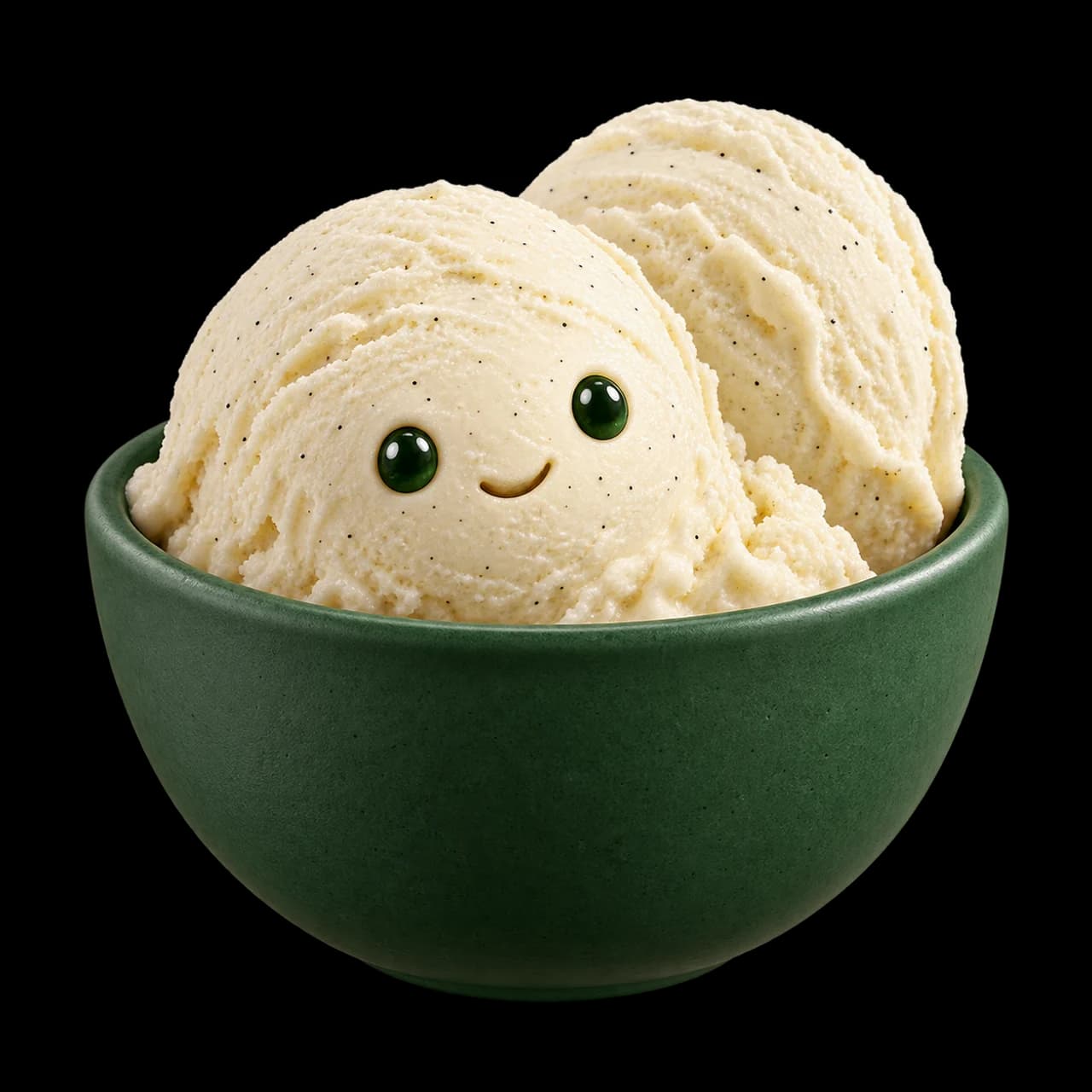 Illustration de deux boules de glace claires dans un bol vert, avec un petit visage souriant.