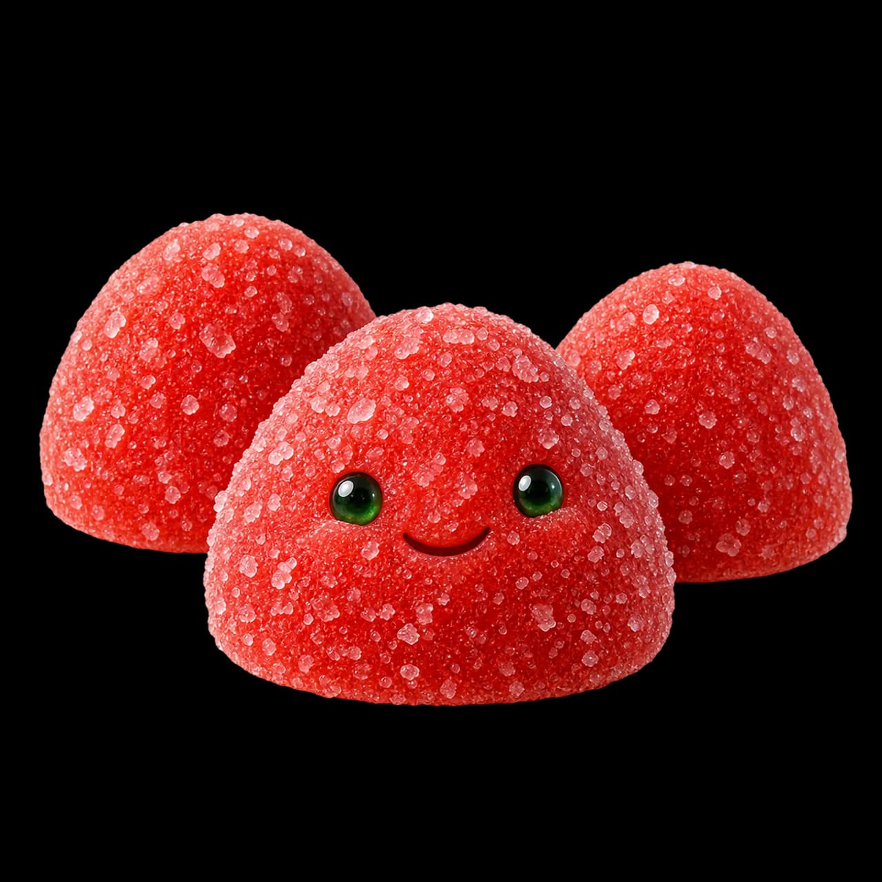 Illustration de trois bonbons rouges de type Tagada, dont un avec un petit visage souriant.