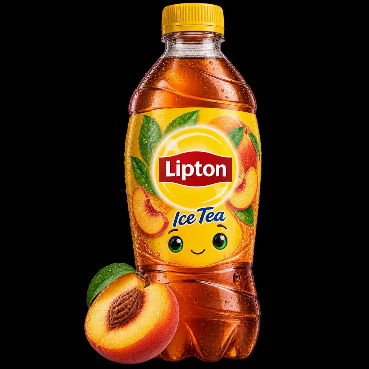 Illustration d’une bouteille de thé glacé Lipton pêche souriante et d’une demi-pêche.