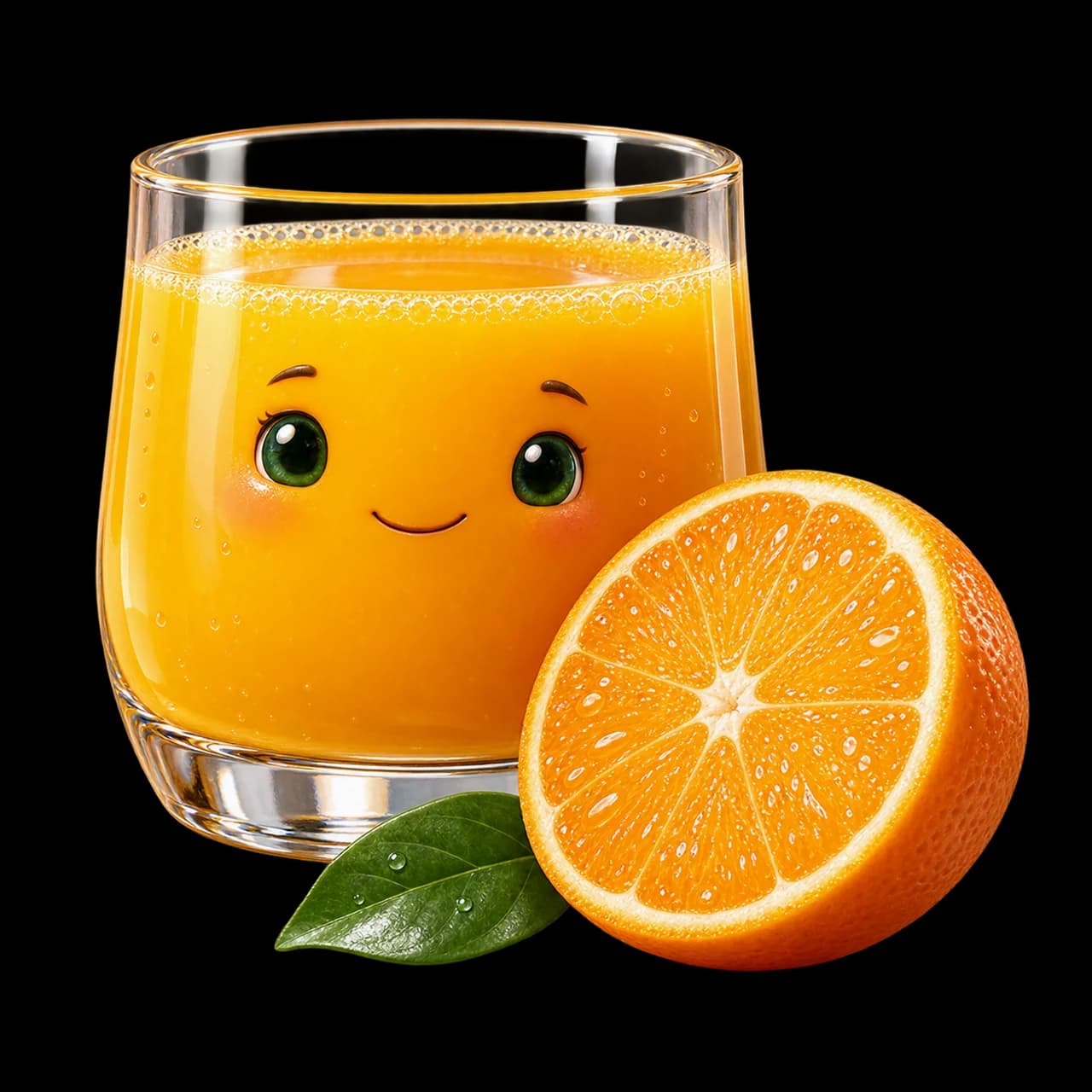 Illustration d’un verre de jus d’orange souriant avec une demi-orange et une feuille.