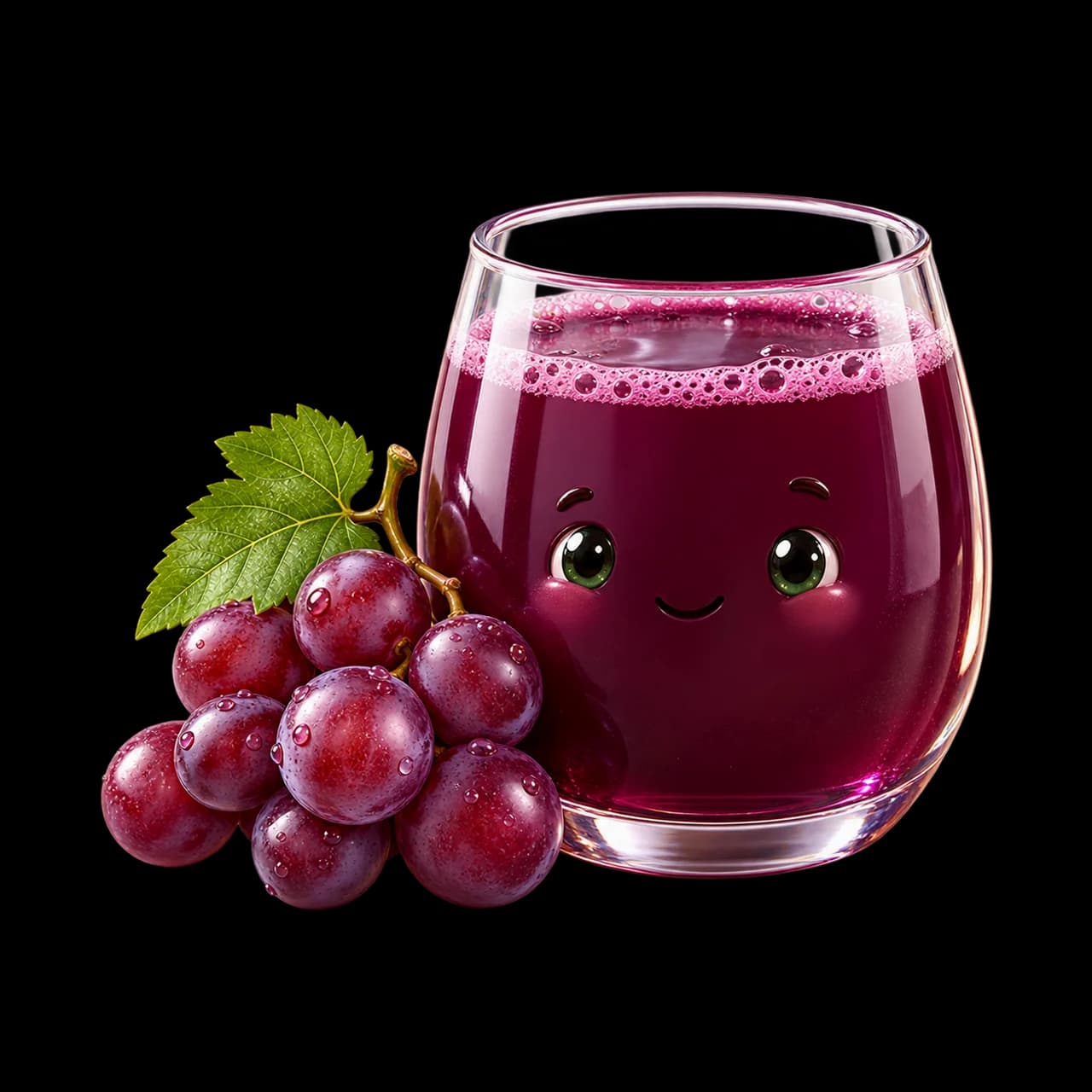 Illustration d’un verre souriant de jus de raisin violet avec une petite grappe de raisin.