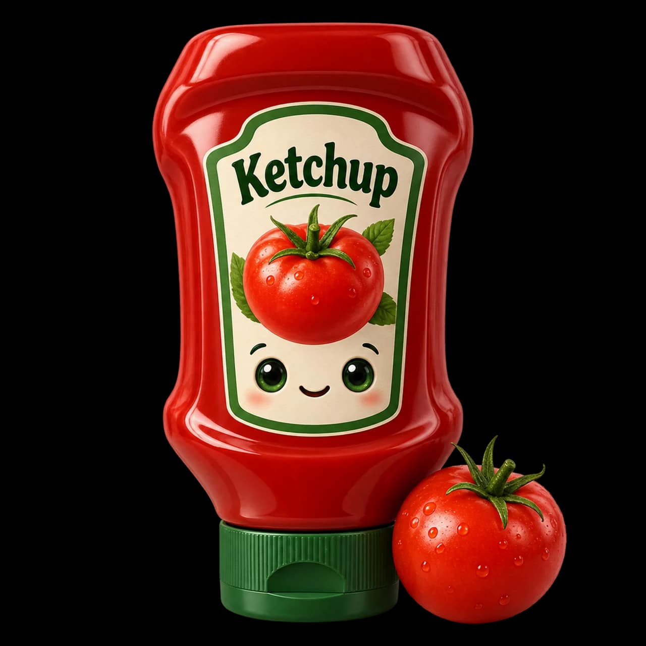 Illustration d’un flacon de ketchup souriant accompagné d’une tomate.