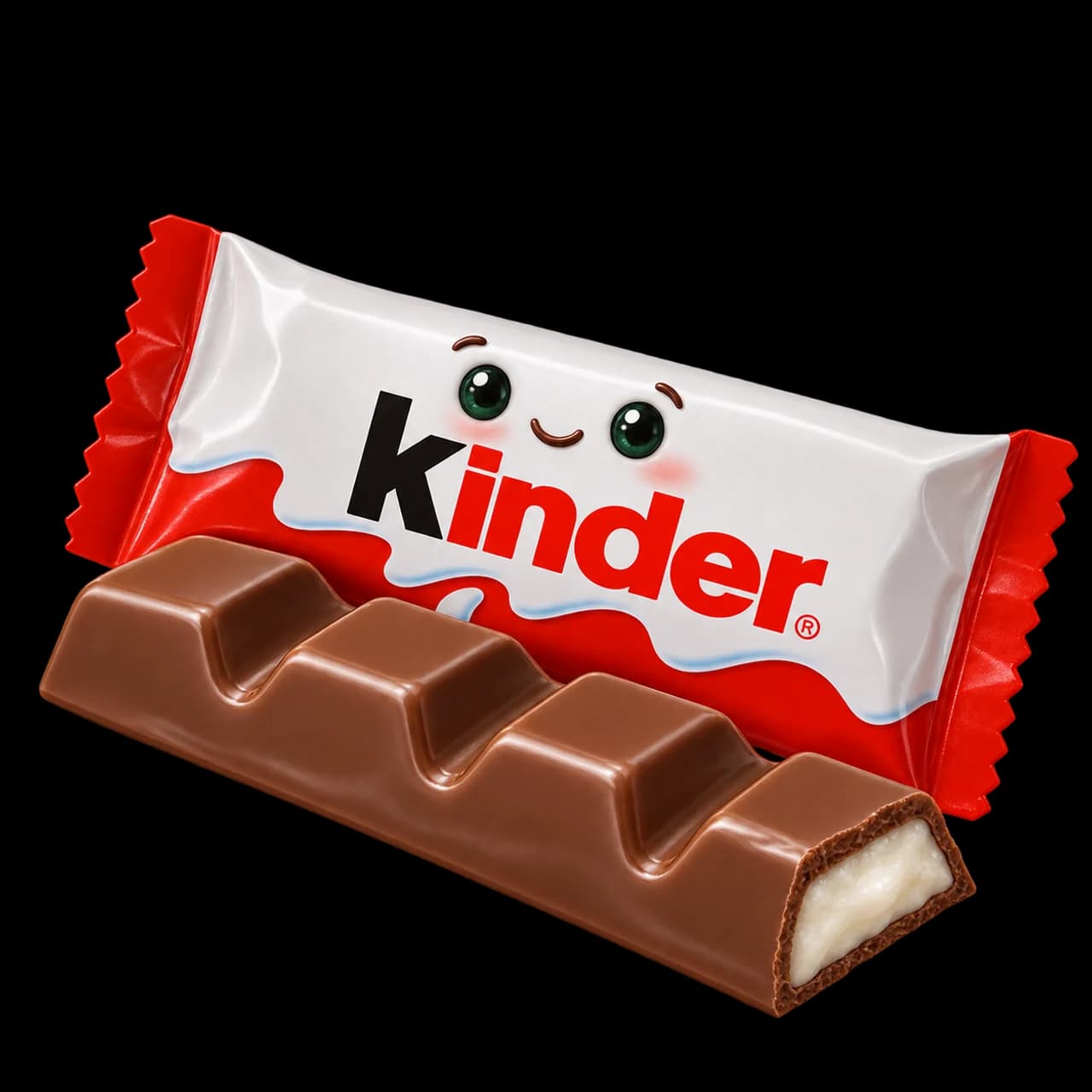 Illustration d’une petite barre Kinder chocolat souriante, à cœur blanc, dans un emballage rouge et blanc.