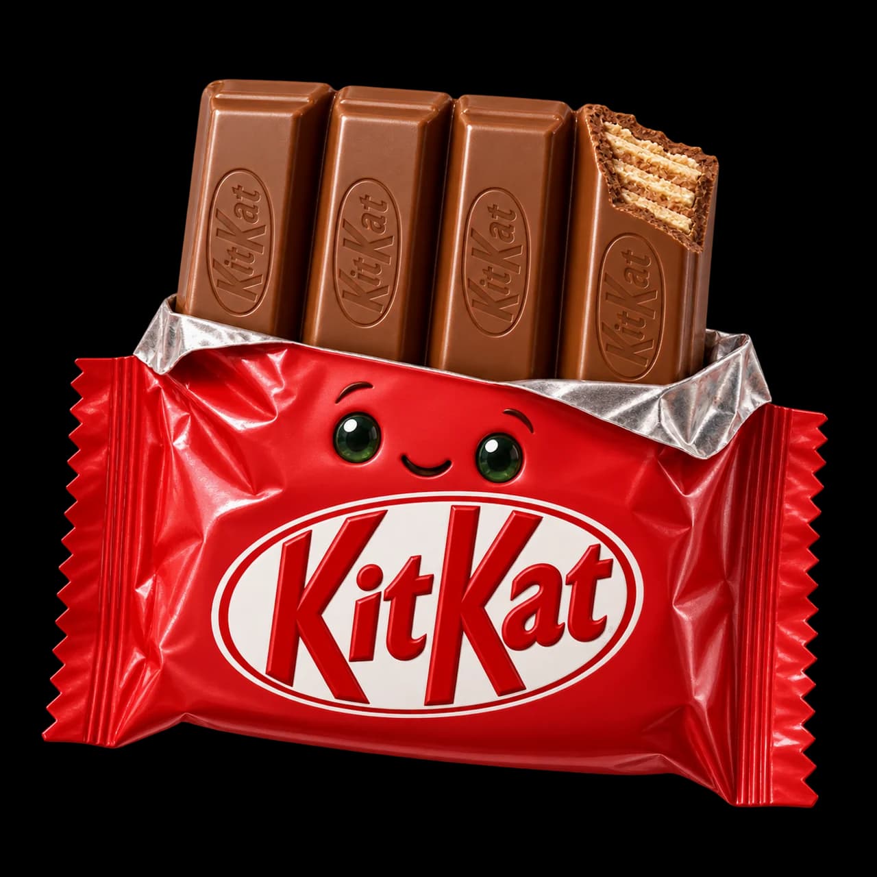 Illustration d’un KitKat souriant dans son emballage rouge ouvert sur des doigts de gaufrette chocolatée.