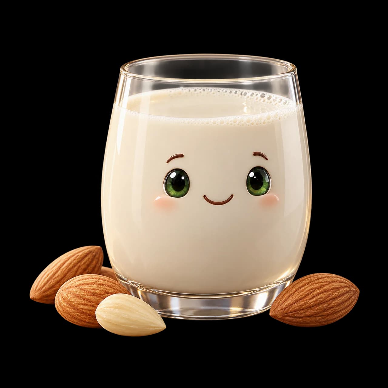 Illustration d’un verre souriant de boisson à l’amande avec quelques amandes à côté.