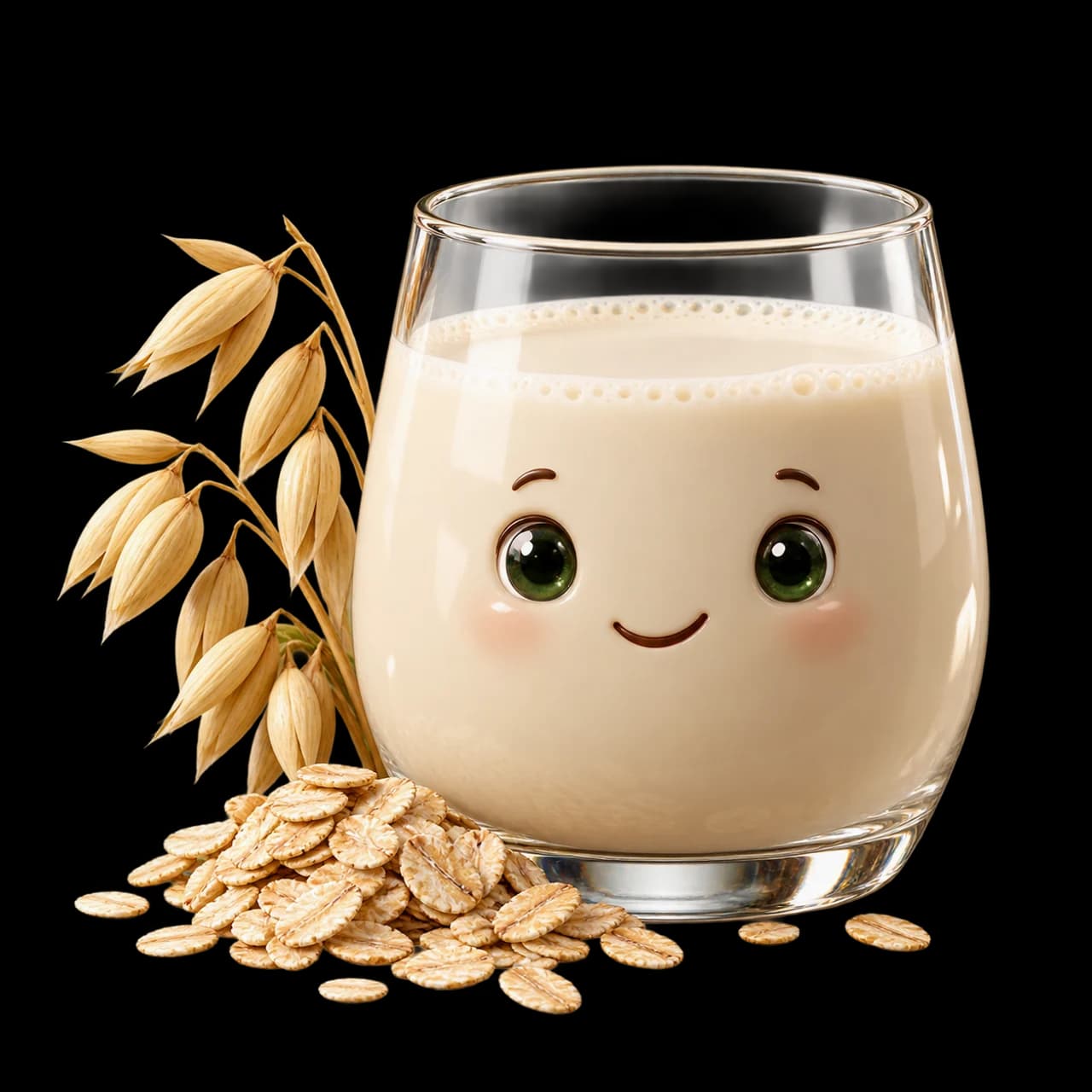 Illustration d’un verre souriant de boisson à l’avoine avec des épis et des flocons.