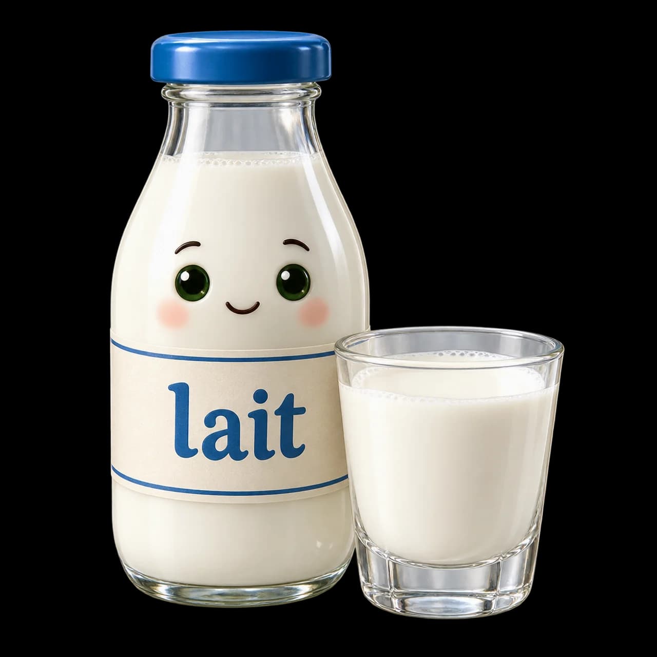 Illustration d’une bouteille de lait souriante au bouchon bleu et d’un verre de lait.