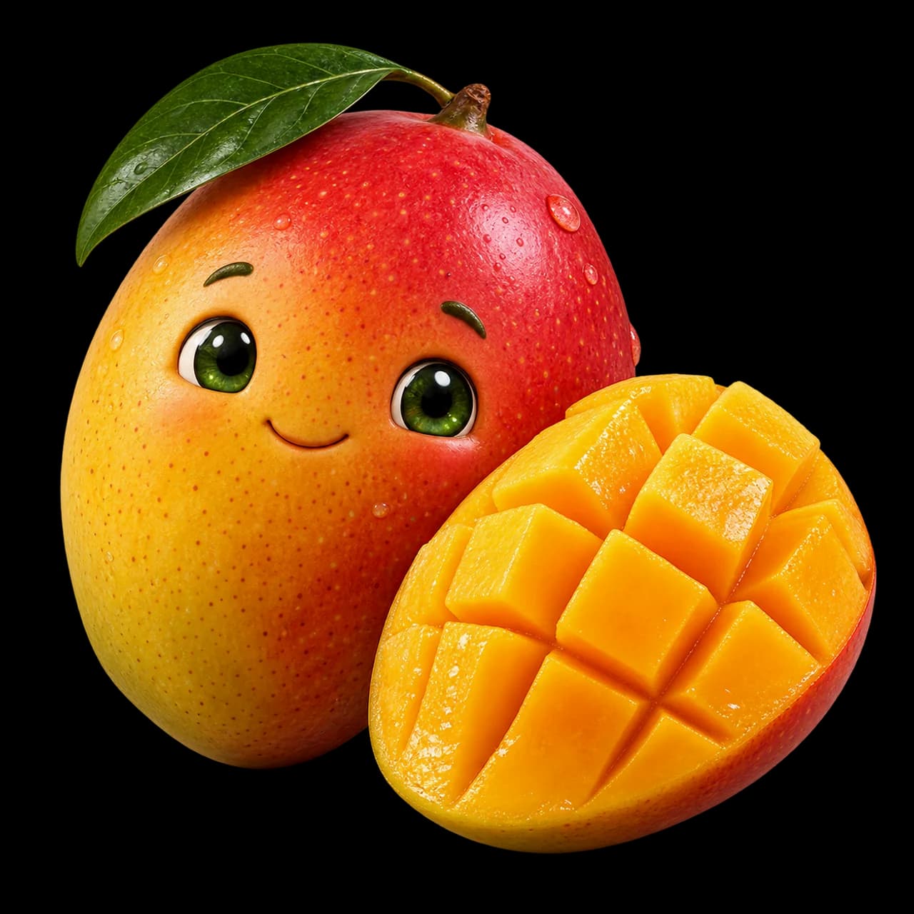 Illustration d’une mangue rouge et jaune souriante avec une joue découpée en cubes de chair orange.