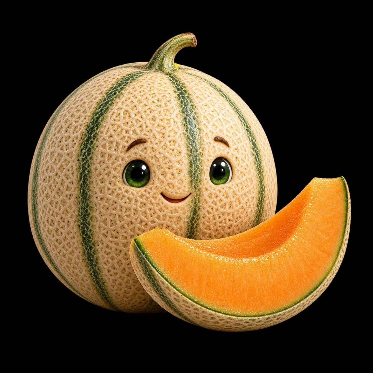 Illustration d’un melon Charentais souriant et d’une tranche à chair orange sans graines.