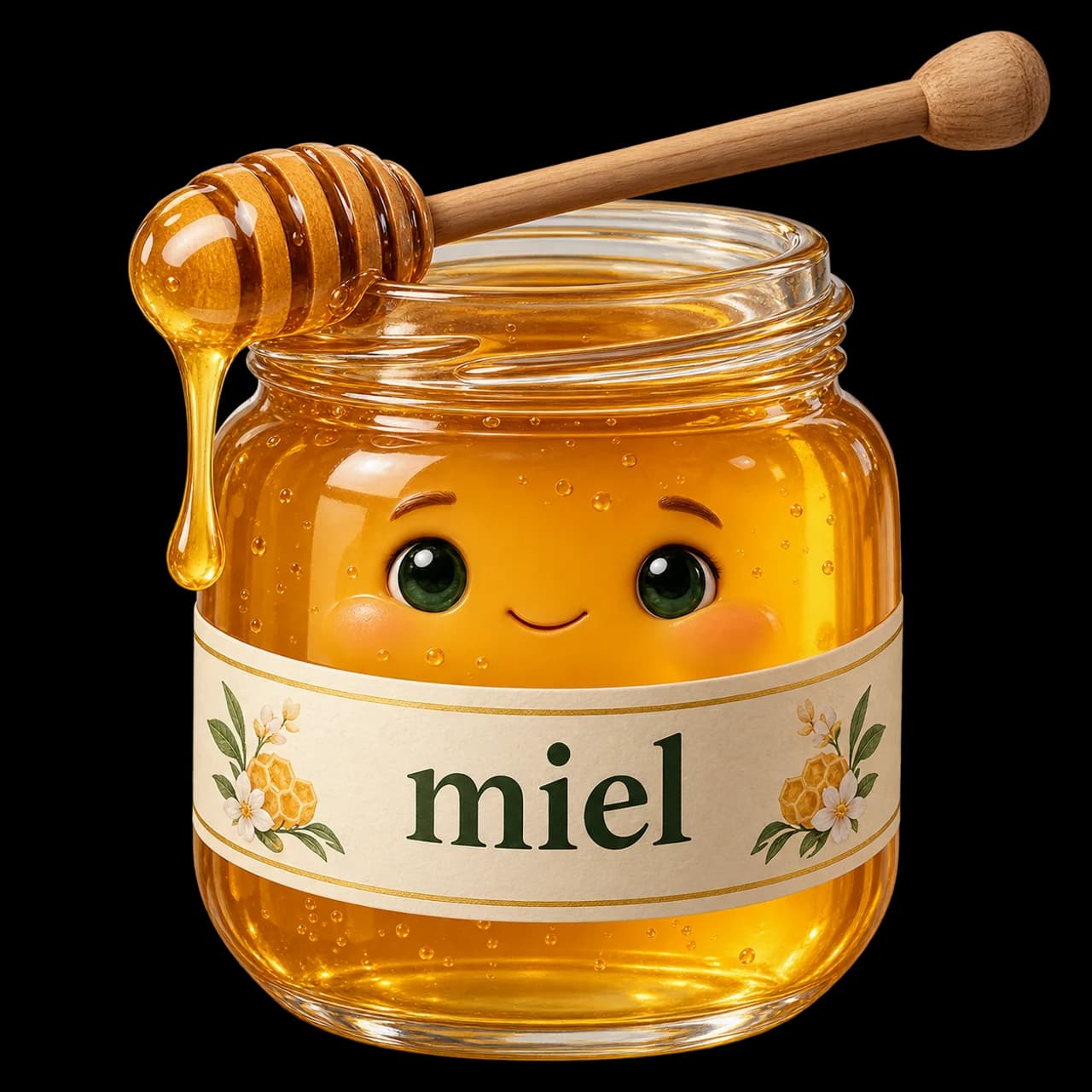 Illustration d’un pot de miel souriant avec une cuillère à miel en bois.