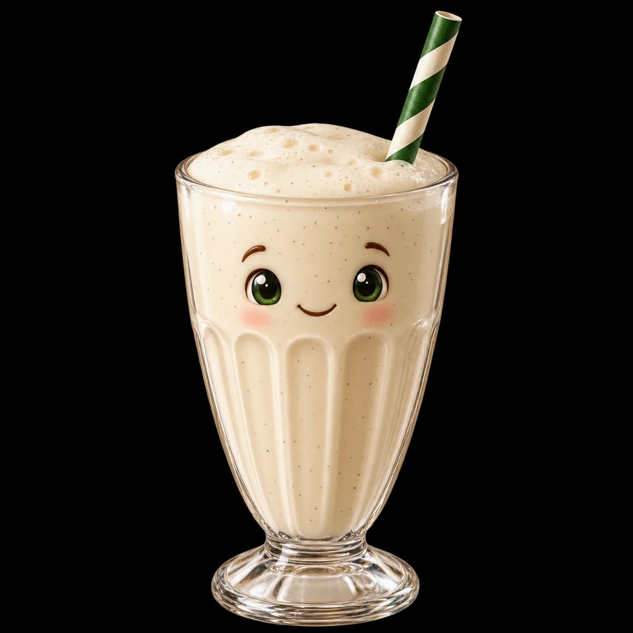 Illustration d’un milkshake clair souriant dans un verre, avec une paille verte.