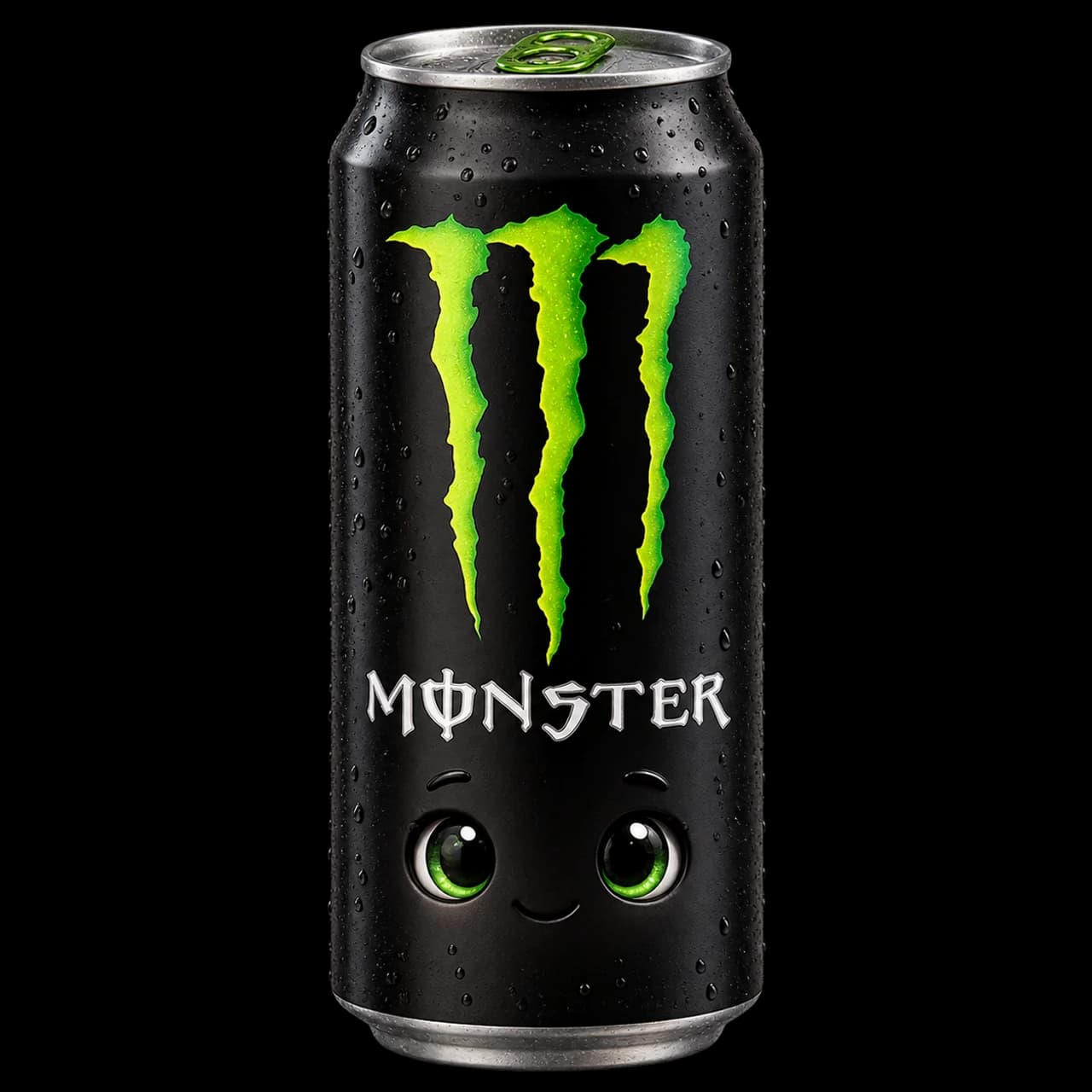 Illustration d’une grande canette noire Monster avec une griffe verte et un petit visage souriant.