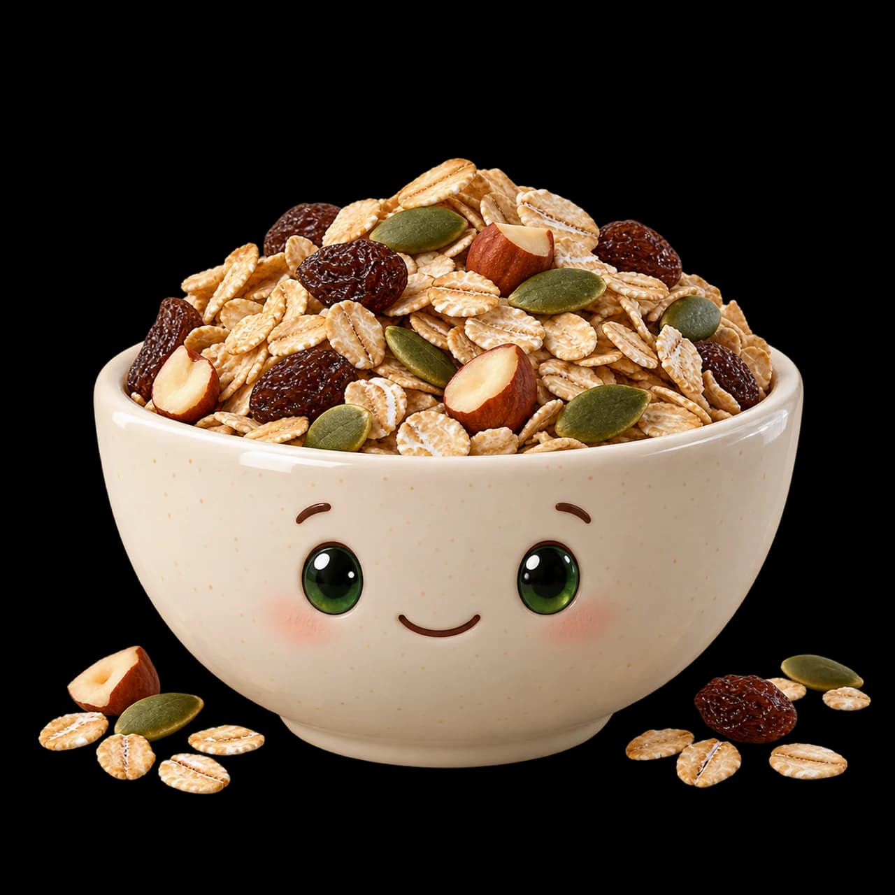 Illustration d’un bol souriant de muesli floconneux sec avec raisins, noisettes et graines.